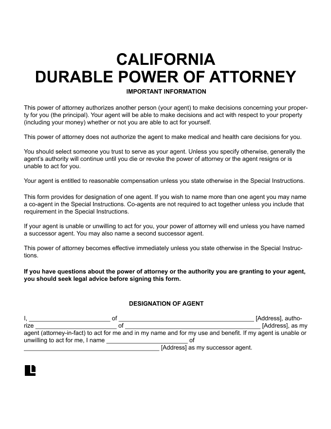 Free Durable Power Of Attorney Form California Power Of Attorney Forms