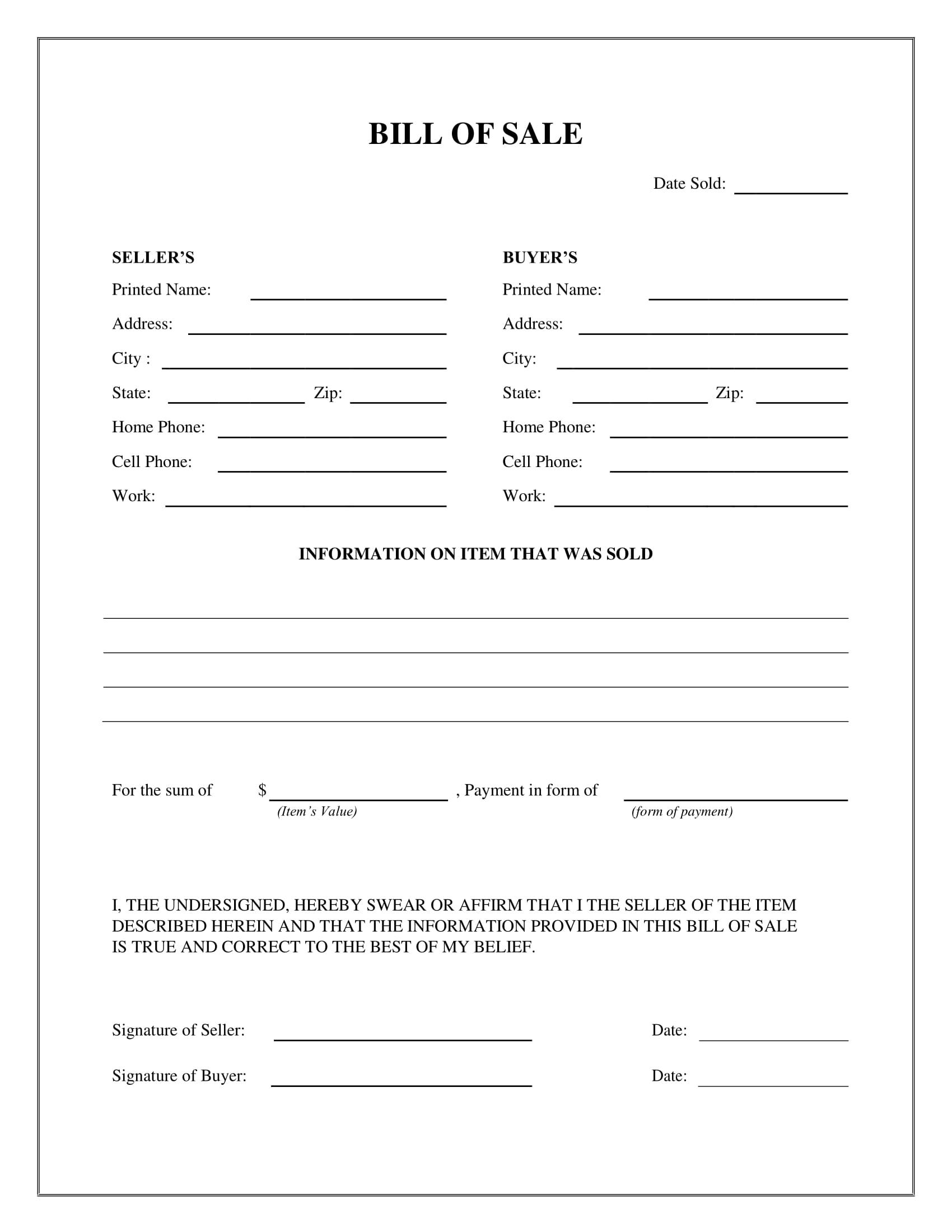 Free Fillable Generic Bill Of Sale Form PDF Templates
