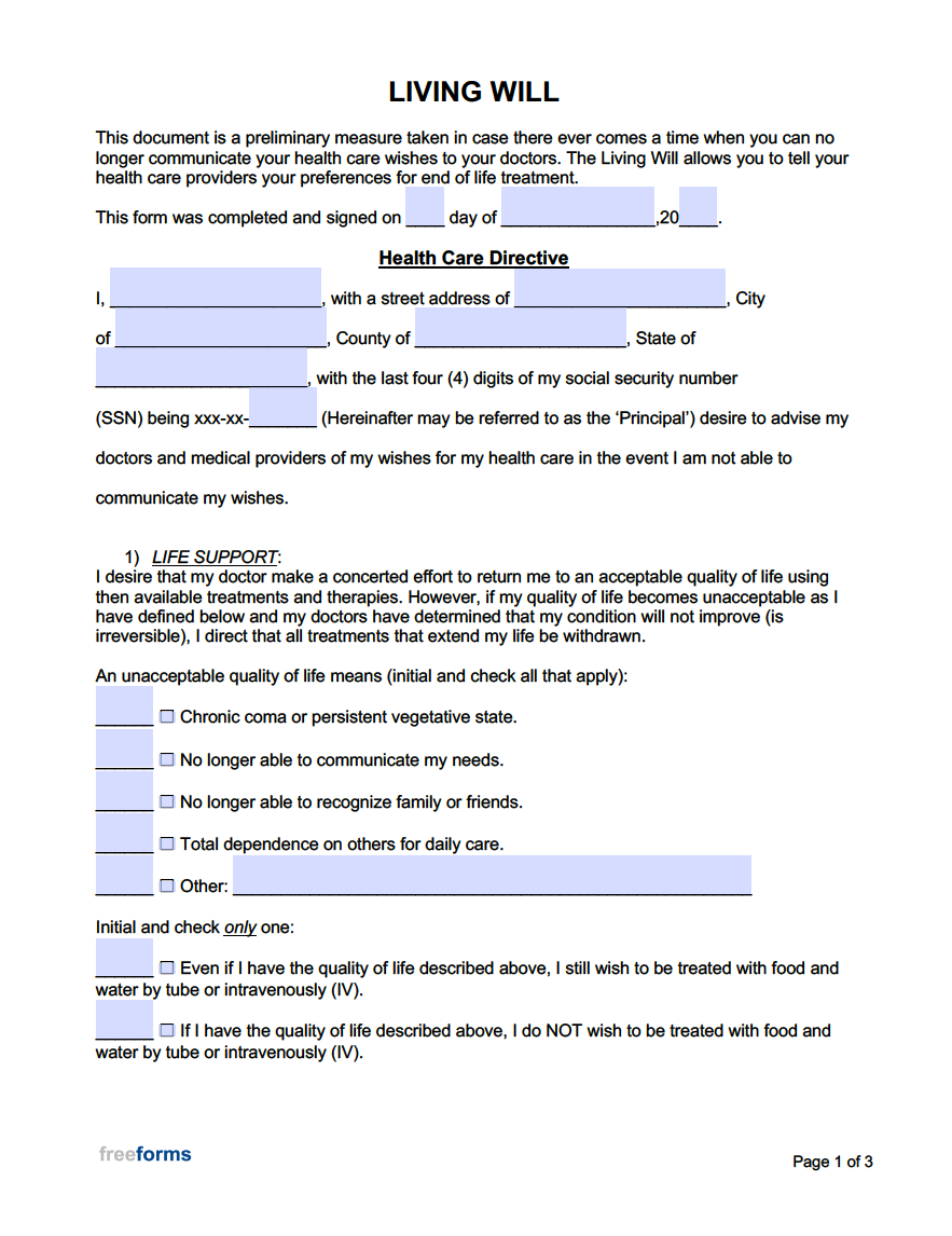 Free Living Will Printable Forms Printable Templates