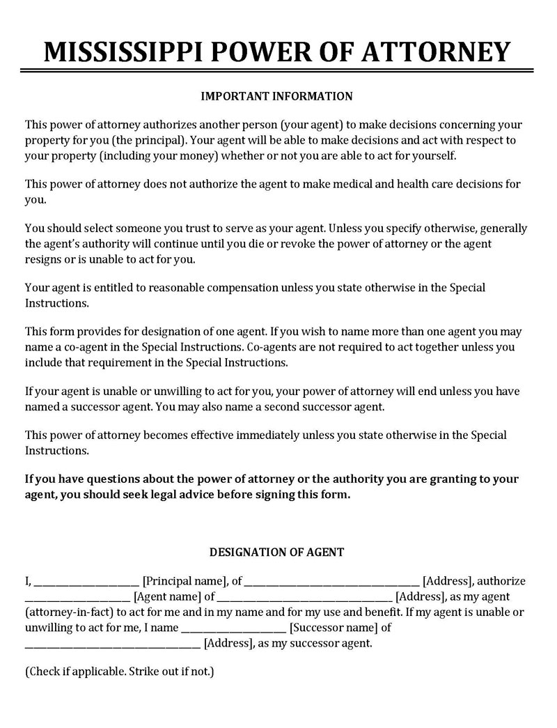 Free Mississippi Power Of Attorney POA Forms PDF Word