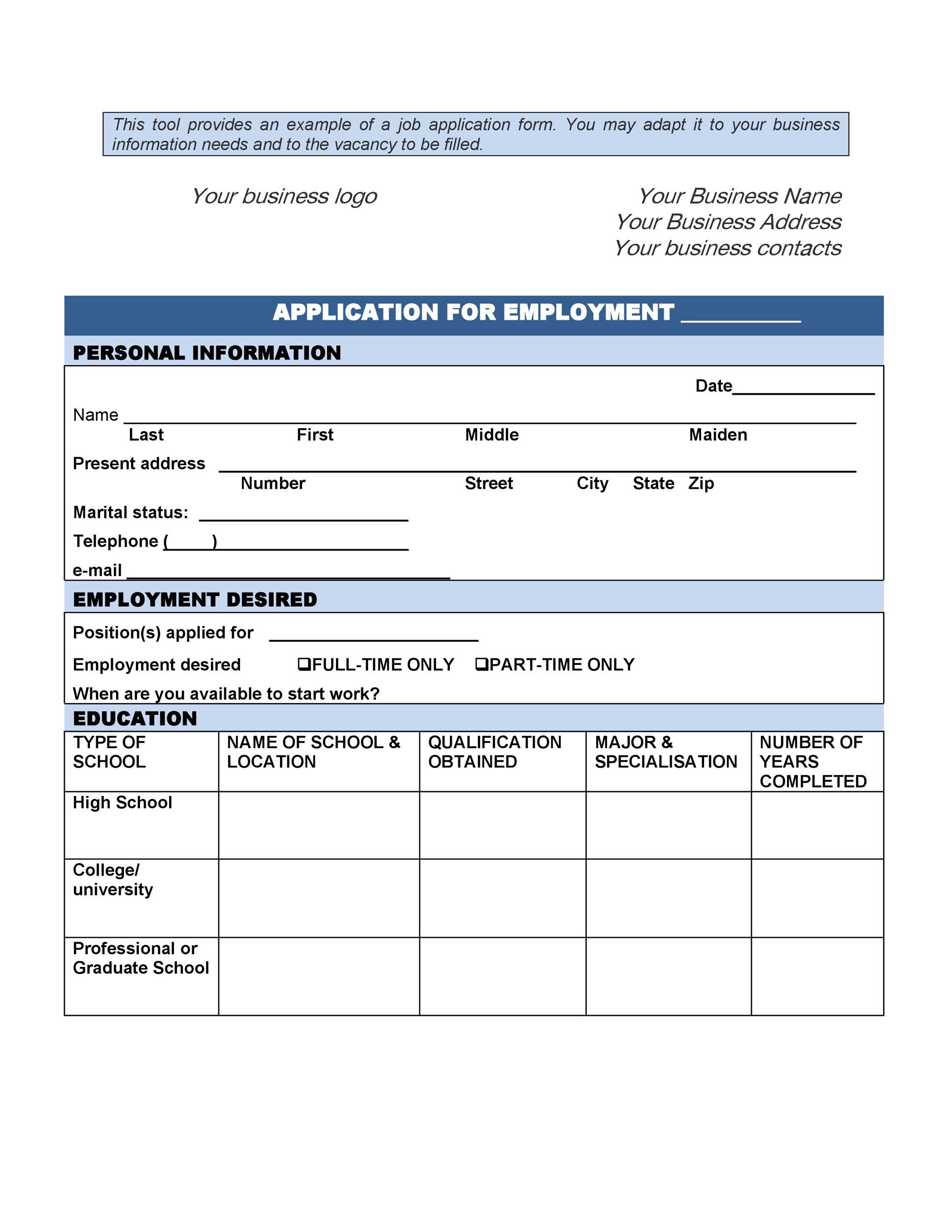 Free Printable Application For Employment Template