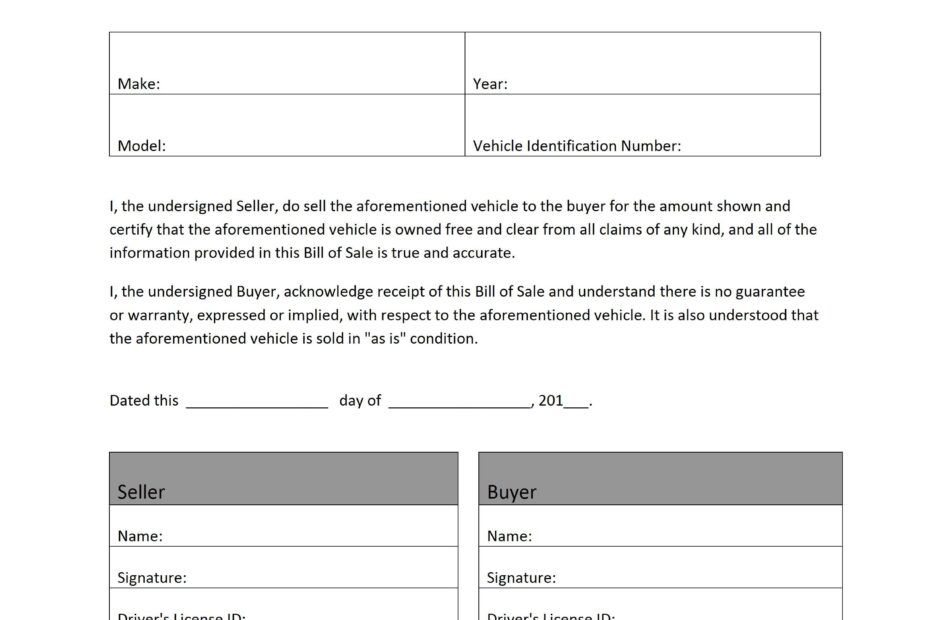 Free Printable Auto Bill Of Sale Form GENERIC