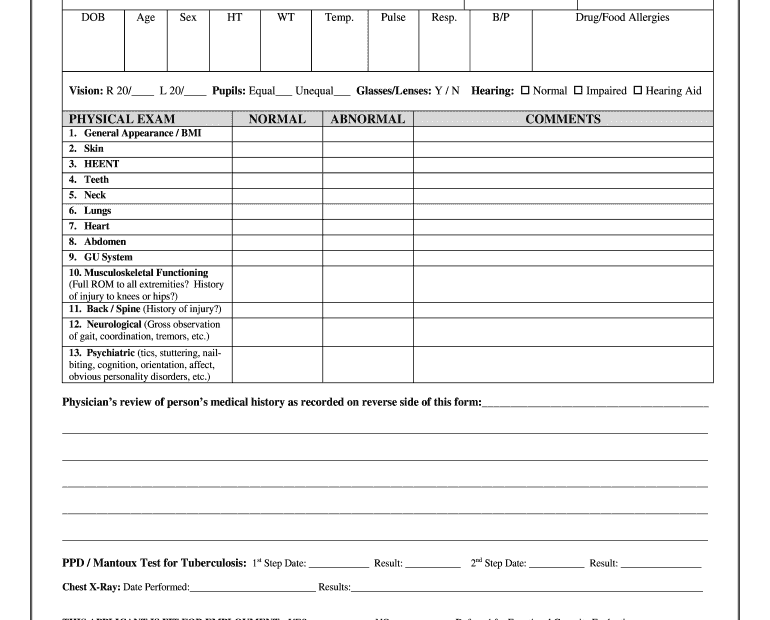 Free Printable Basic Physical Exam Form Pdf