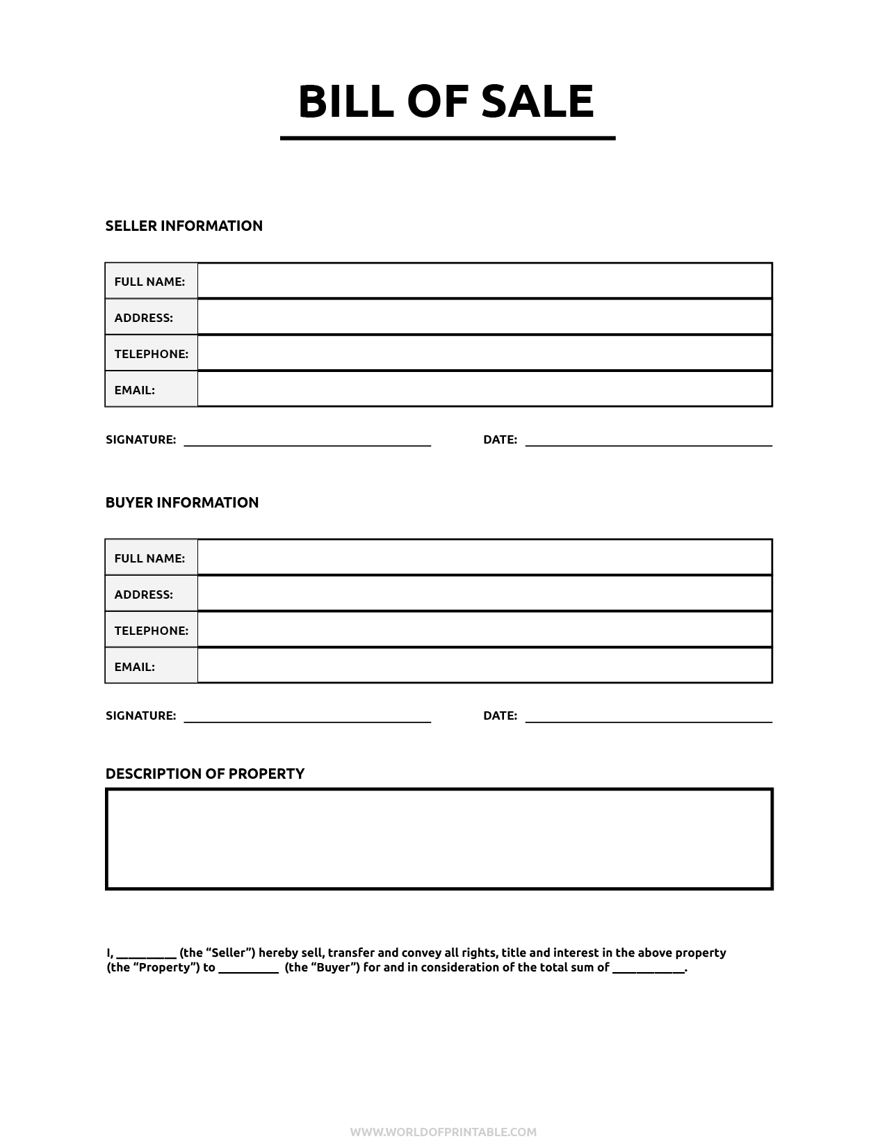 Free Printable Bill Of Sale Forms