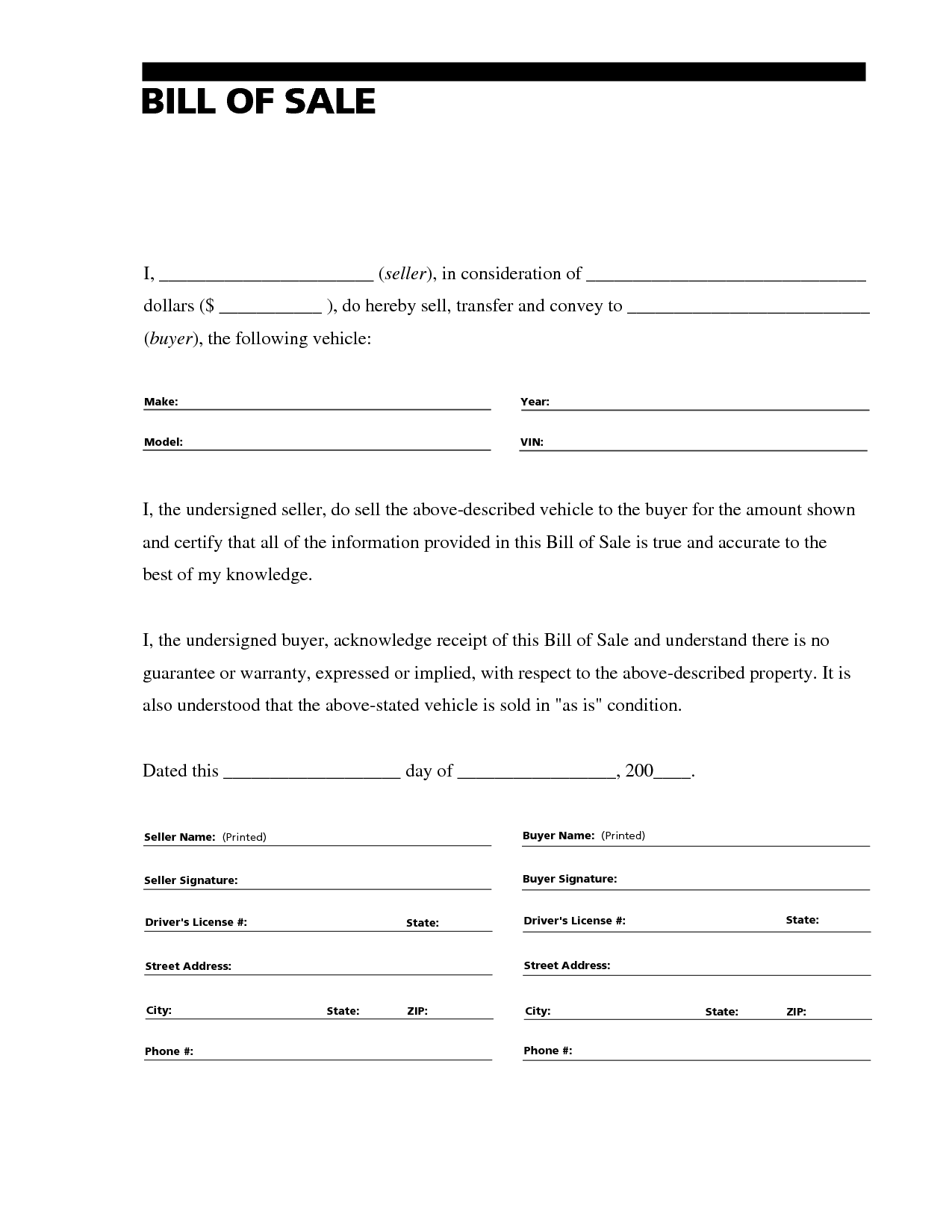 Free Printable Bill Of Sale Templates Form GENERIC 