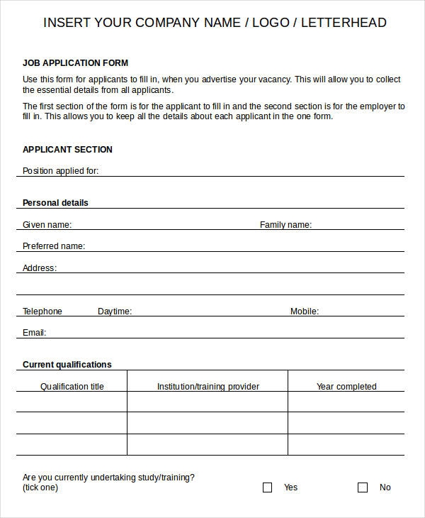 Free Printable Blank Job Application Template Printable Templates