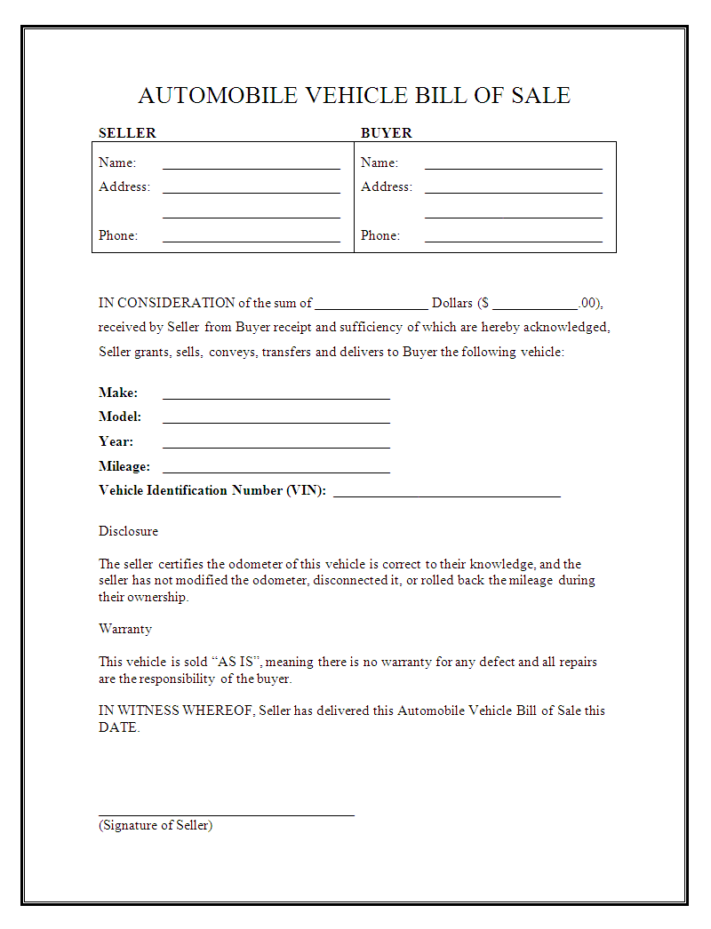 Free Printable Car Bill Of Sale Form GENERIC 