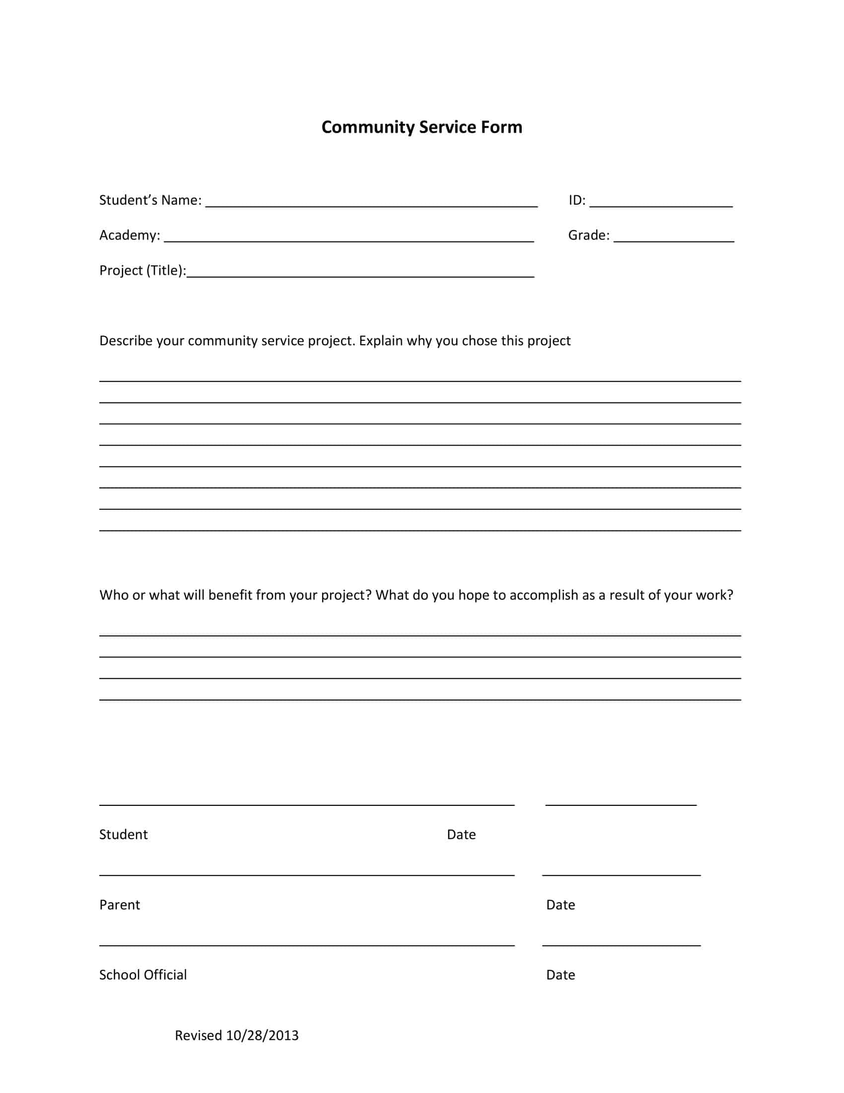 Free Printable Community Service Form Templates Word PDF 
