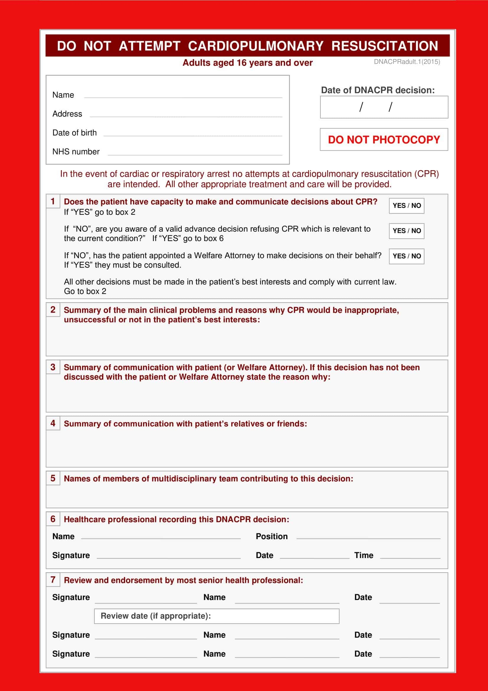 Free Printable Do Not Resuscitate DNR Order Form PDF Word 