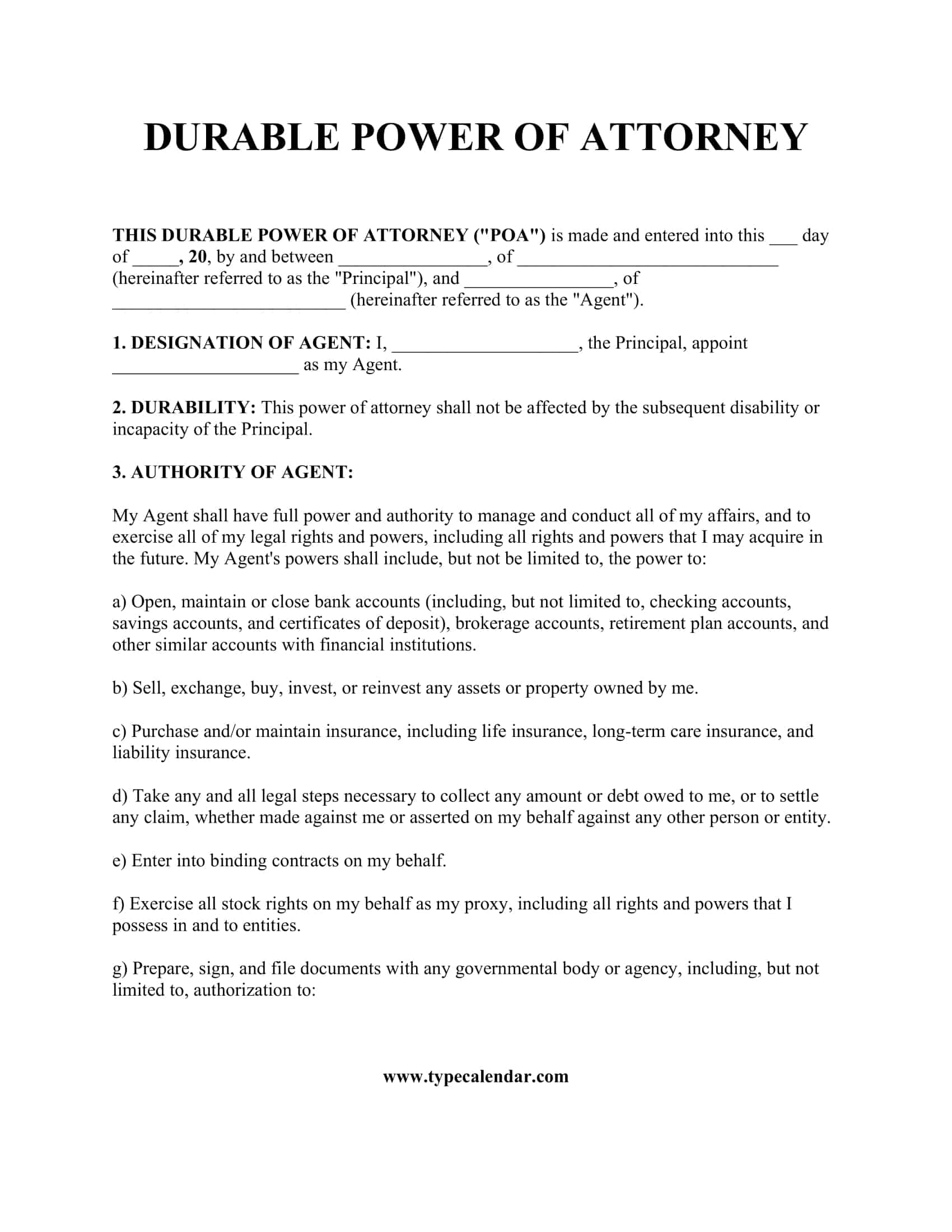 Free Printable Durable Power Of Attorney Templates PDF Word 