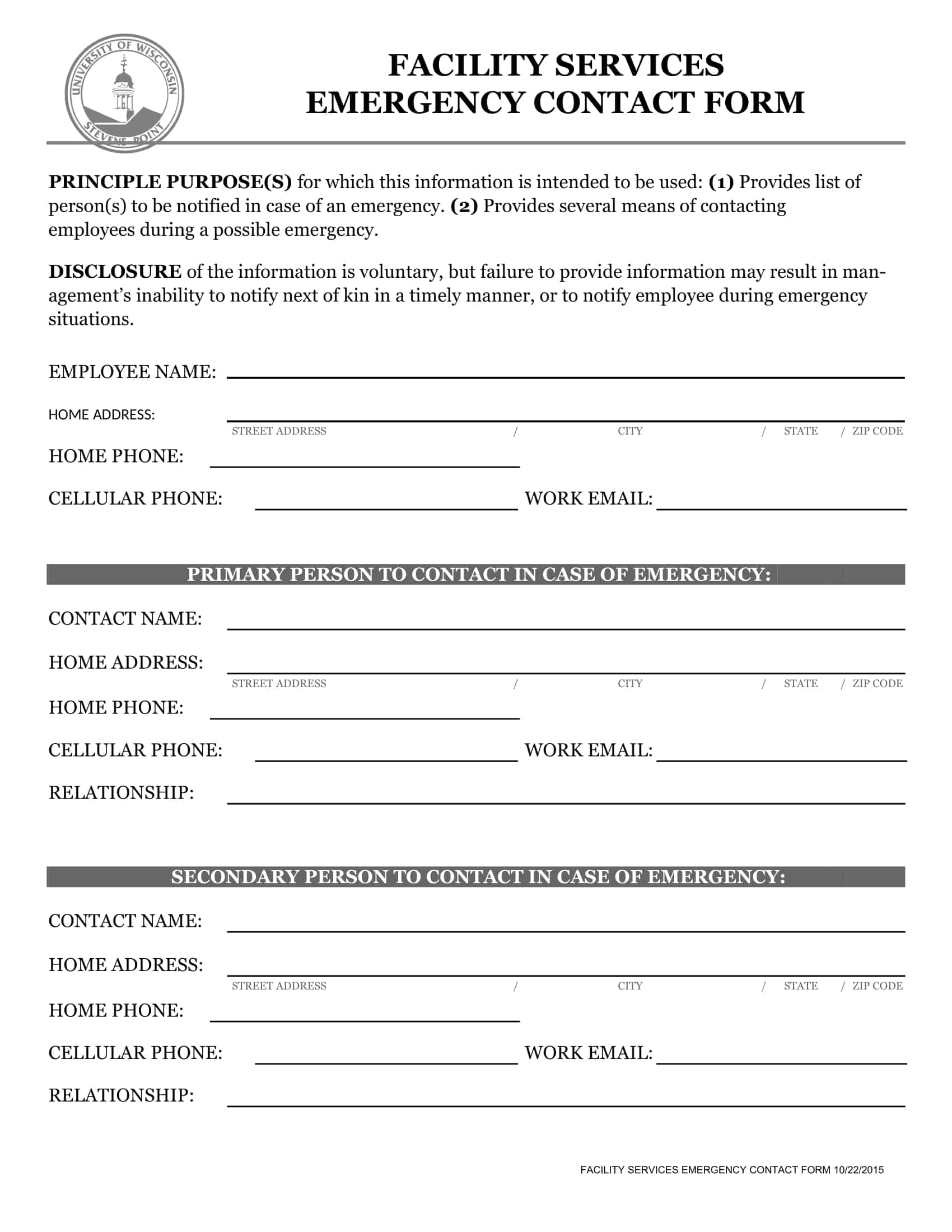 Free Printable Emergency Contact Form Templates for Employees PDF Word