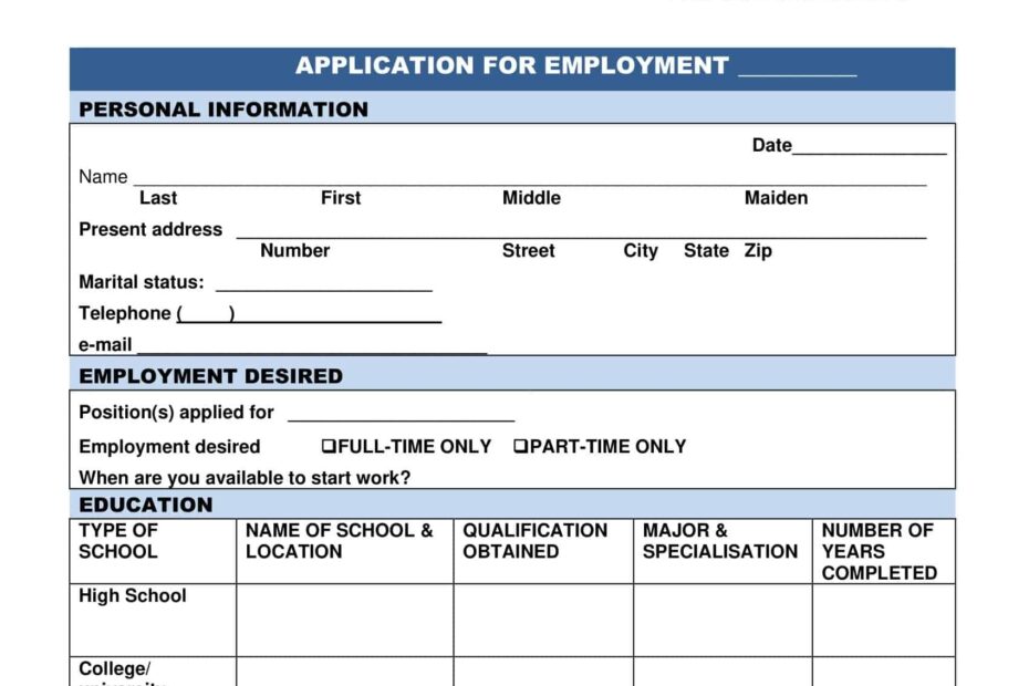 Free Printable Employment Job Application Form Templates PDF