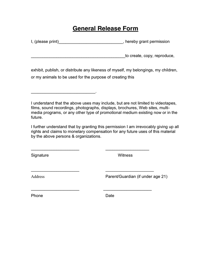 Free Printable General Release Of Liability Form Printable Forms Free