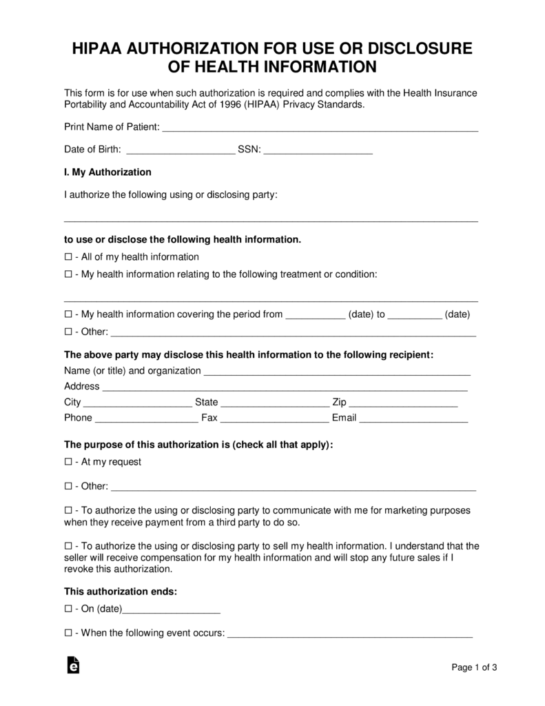 Free Printable Hipaa Authorization Form