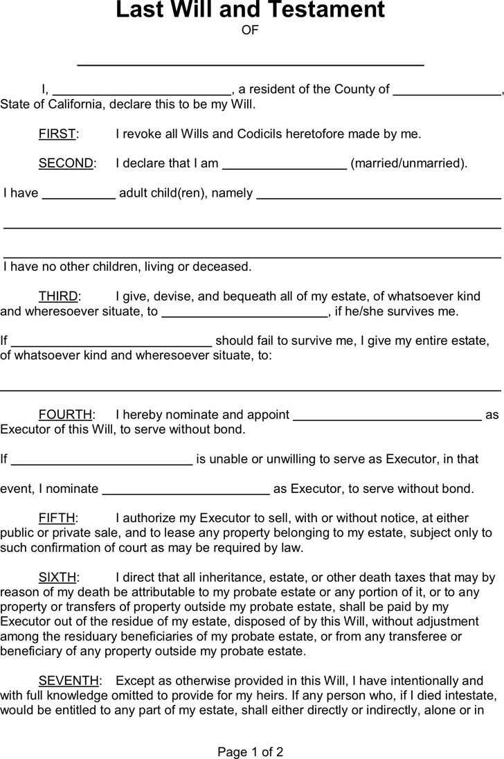 Free Printable Last Will And Testament Blank Forms Florida Printable 
