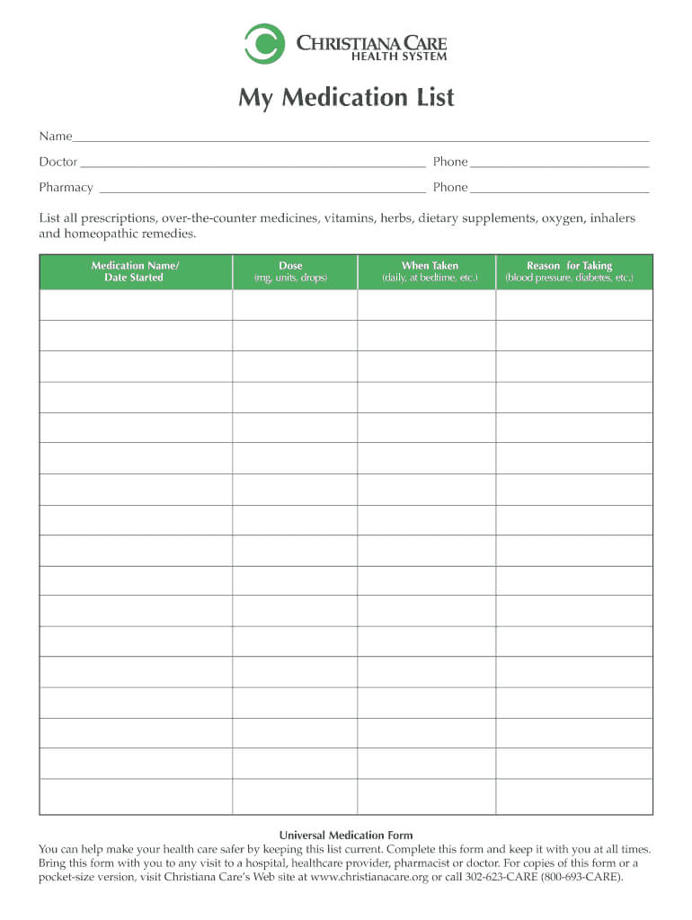Free Printable Medication List Form Printable Forms Free Online