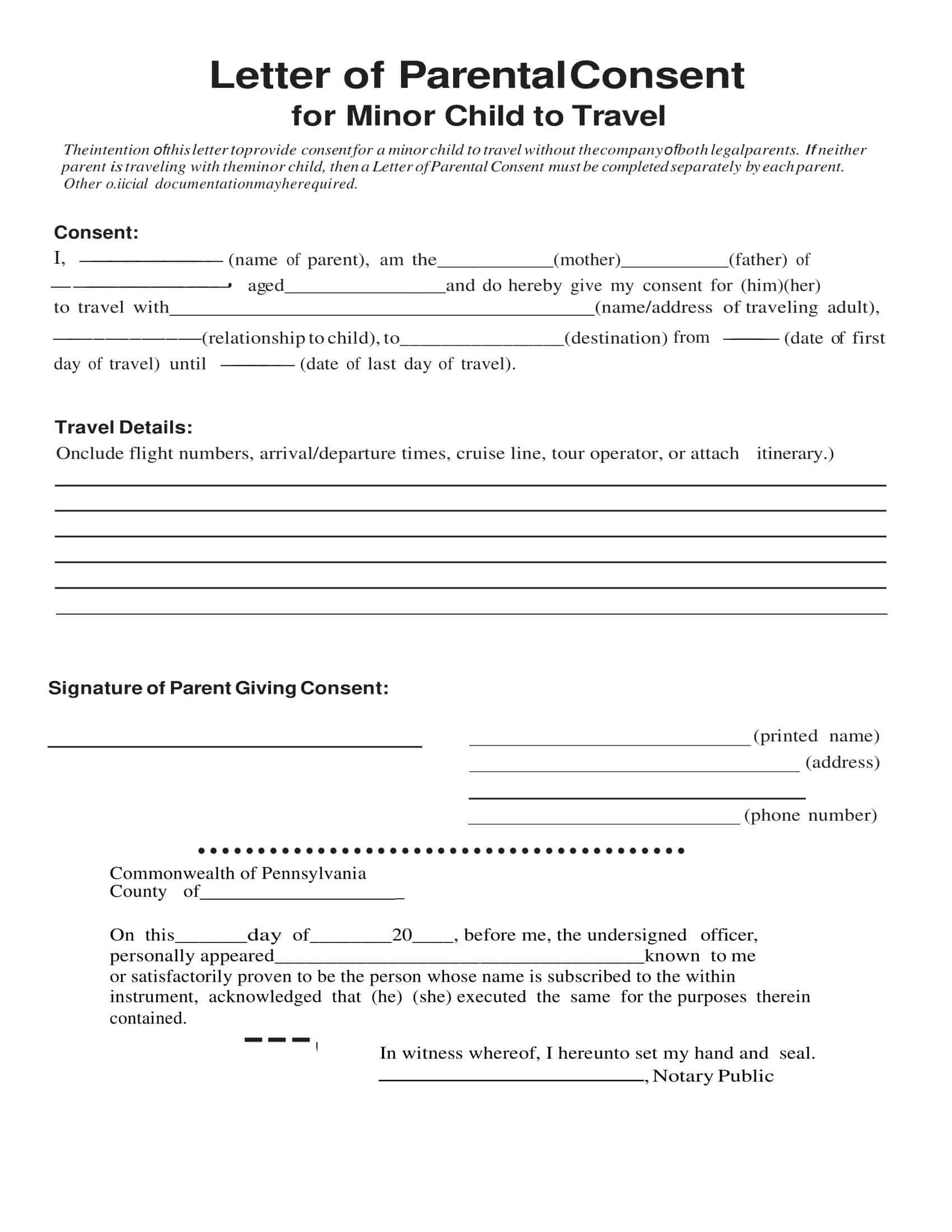 Free Printable Minor Child Travel Consent Form Templates Word PDF 