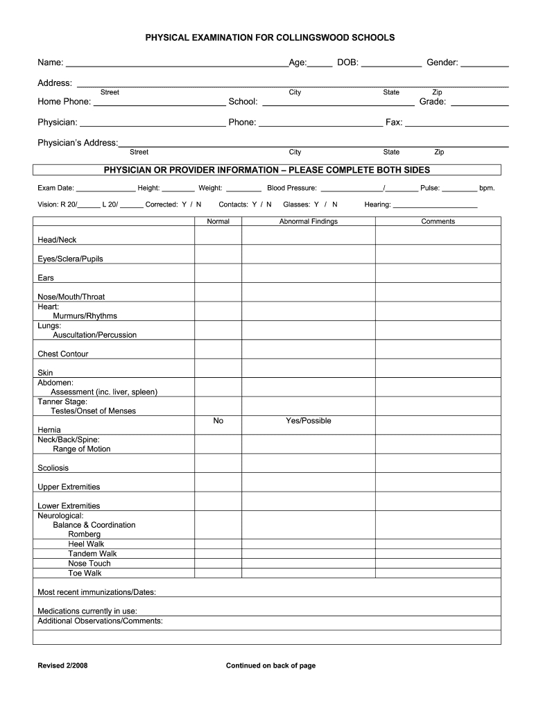 Free Printable Physical Exam Forms FREE Printable A Z