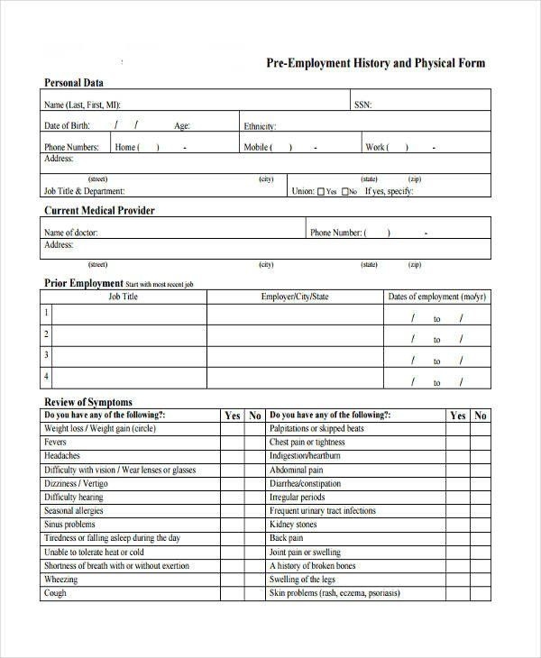 Free Printable Physical Form For Work