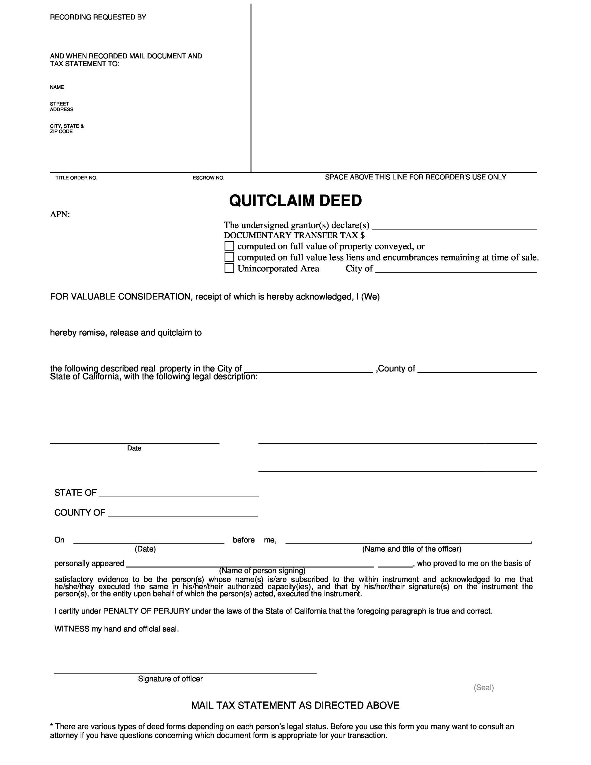 Free Printable Quitclaim Deed Printable Templates