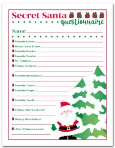 Free Printable Secret Santa Questionnaire Form Pdf
