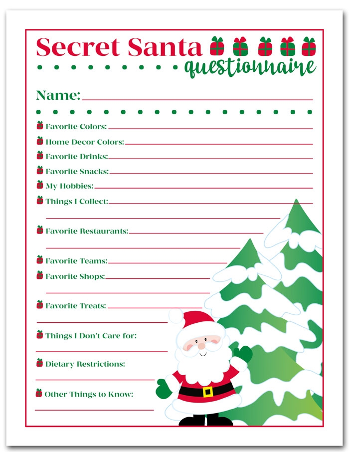 Free Printable Secret Santa Questionnaire Form Pdf