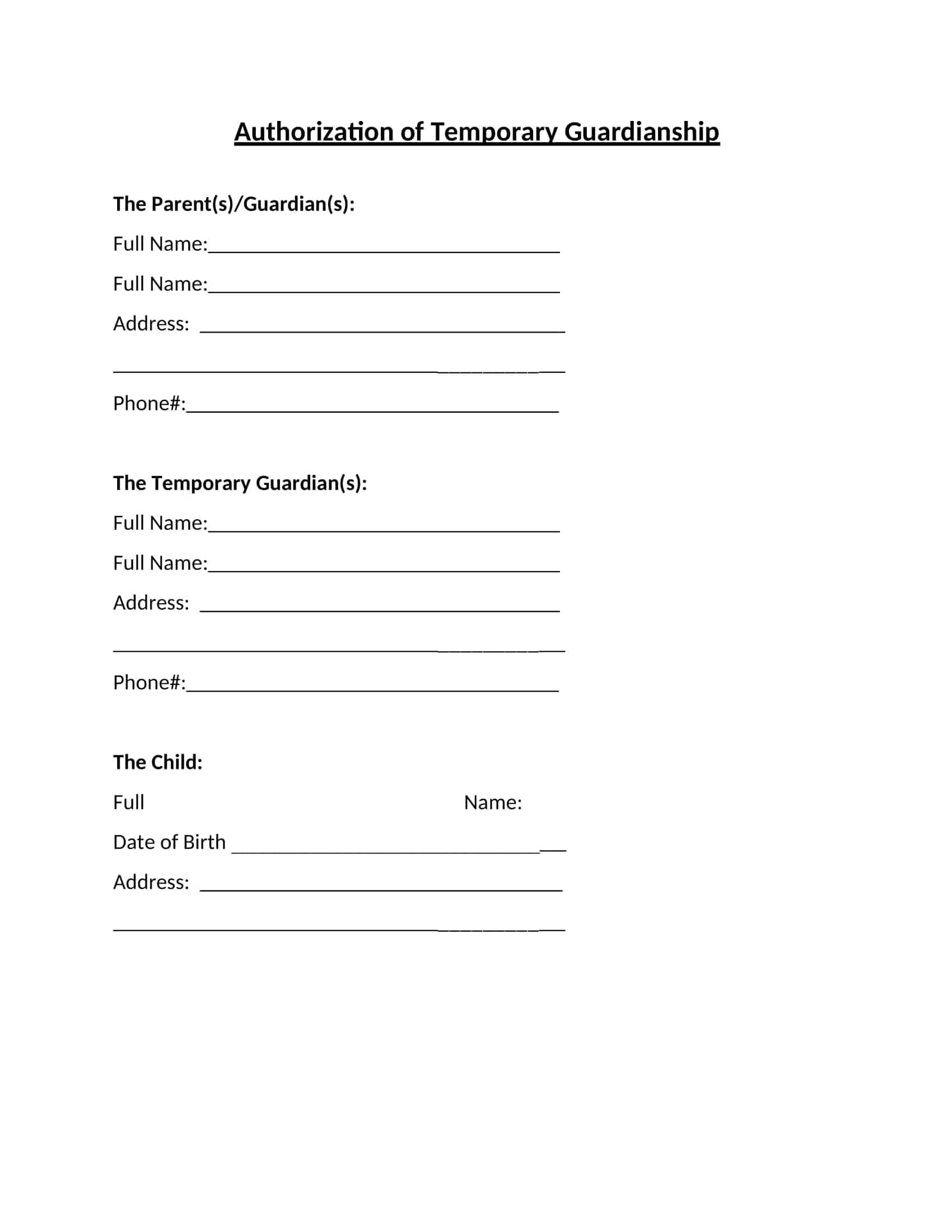 Free Printable Temporary Guardianship Templates PDF Word Form Letter