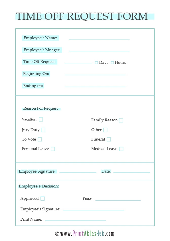Free Printable Time Off Request Form PDF Employee Time Off Record 