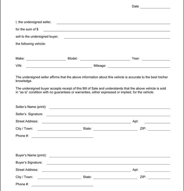 Free Printable Vehicle Bill Of Sale Template Form GENERIC