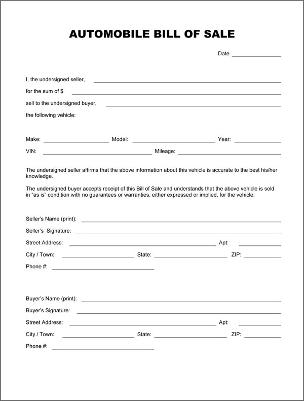 Free Printable Vehicle Bill Of Sale Template Form GENERIC 