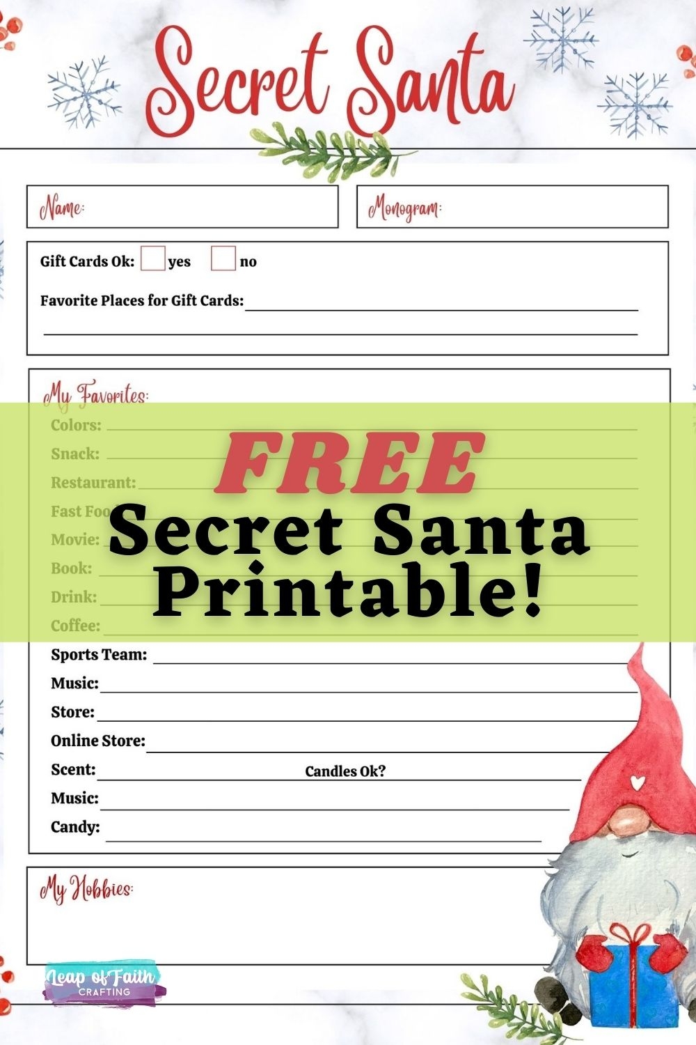 FREE Secret Santa List Printable Questionnaire 2 Options Leap Of 