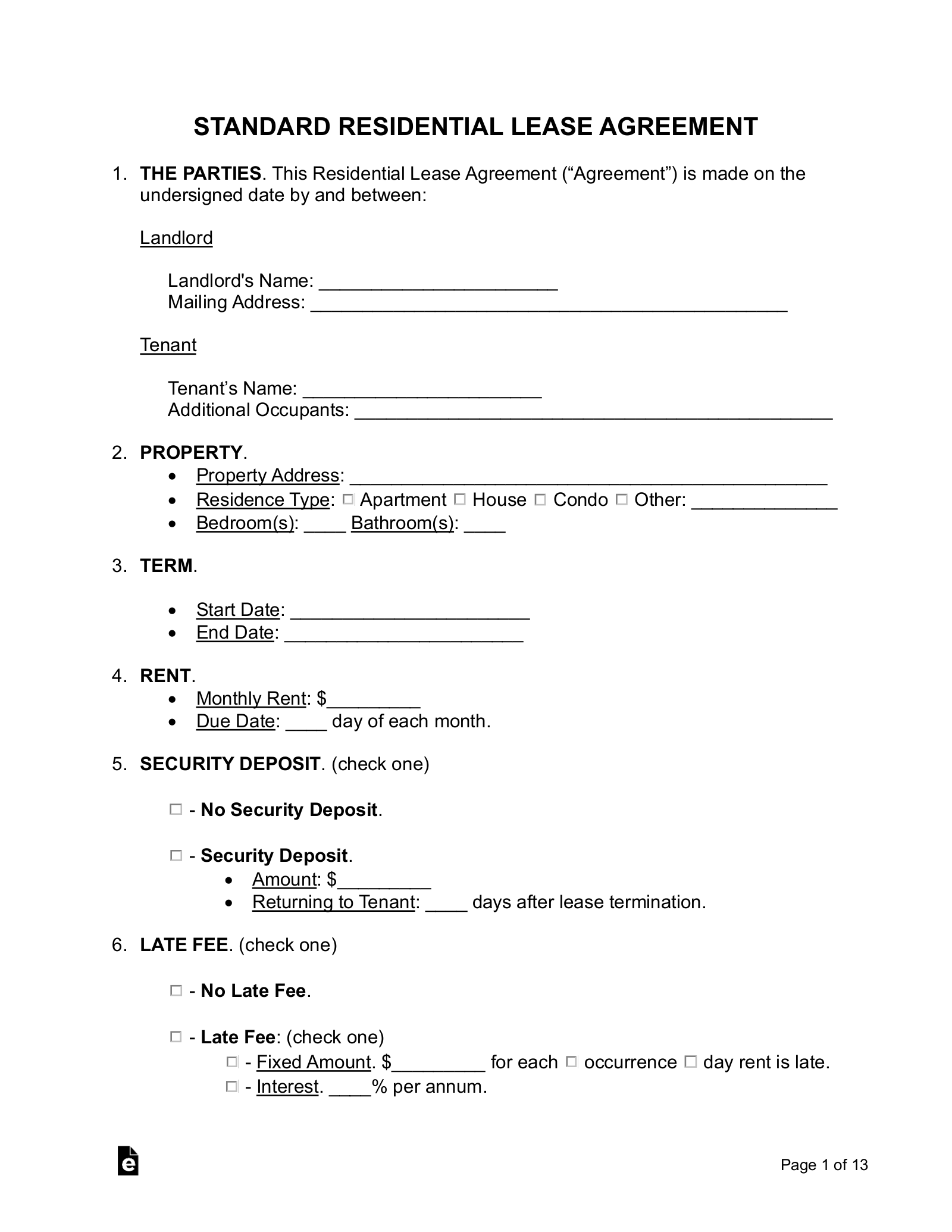 Free Standard Residential Lease Agreement Printable