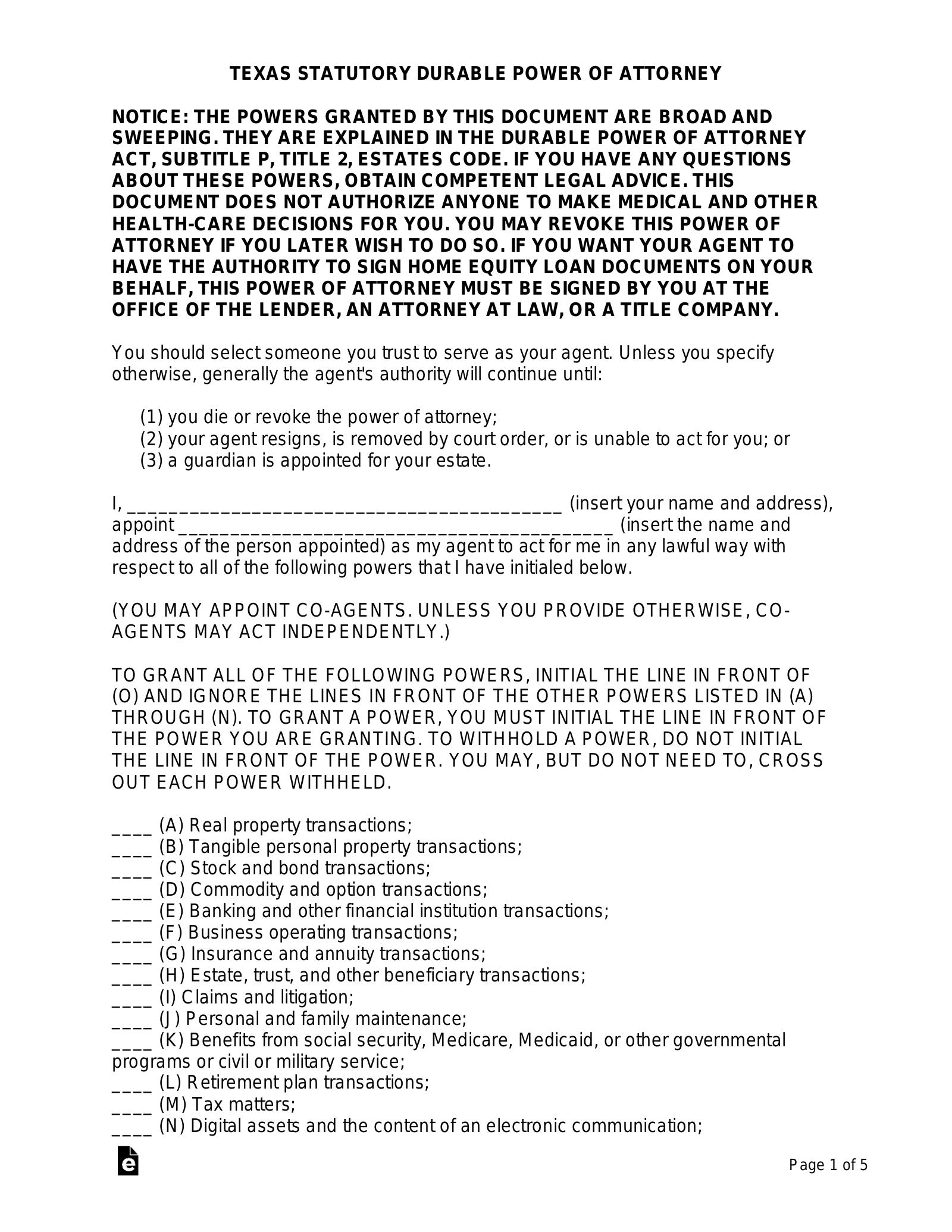 Free Texas Power Of Attorney Forms 10 Types PDF Word EForms