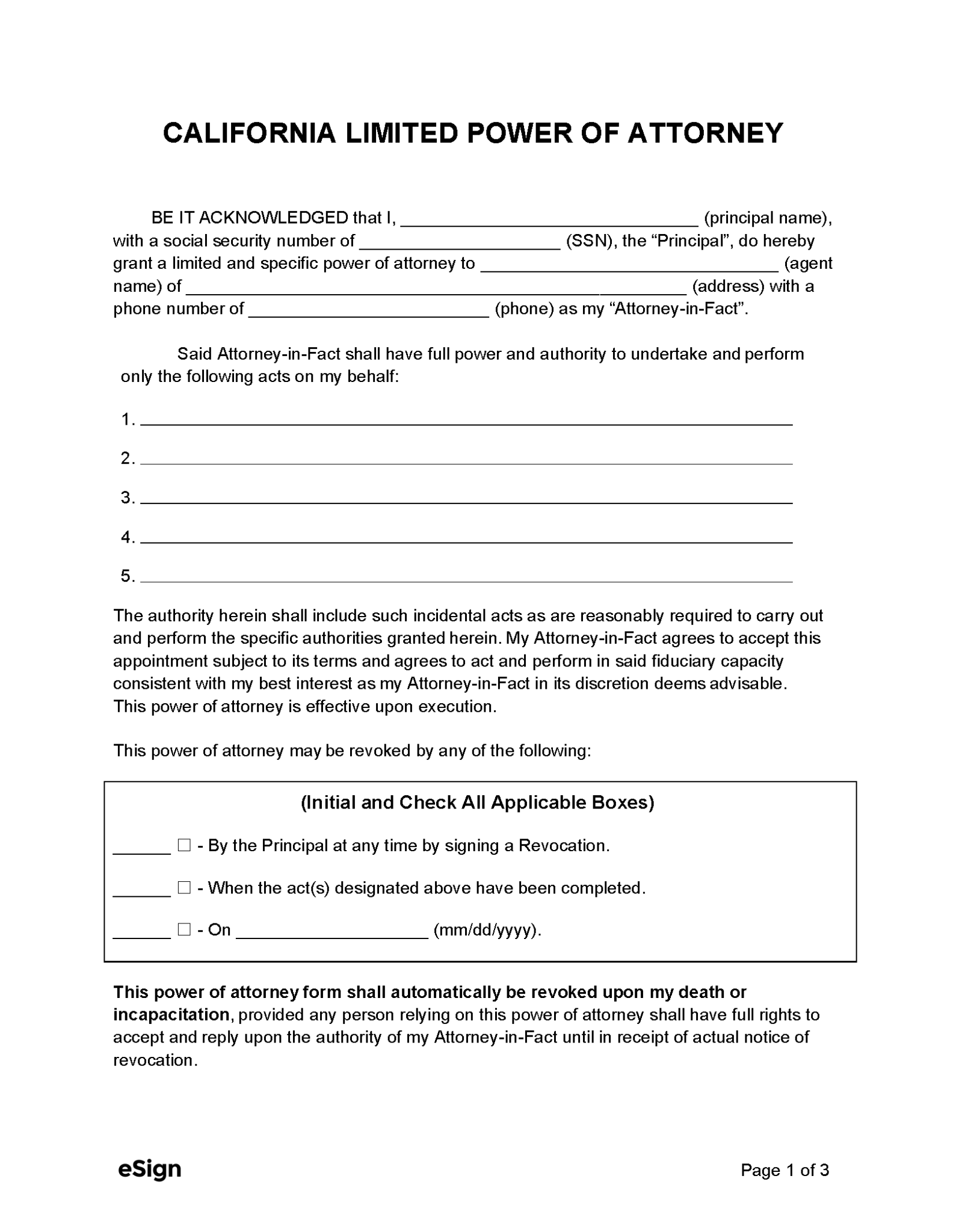 General Power Of Attorney California Template
