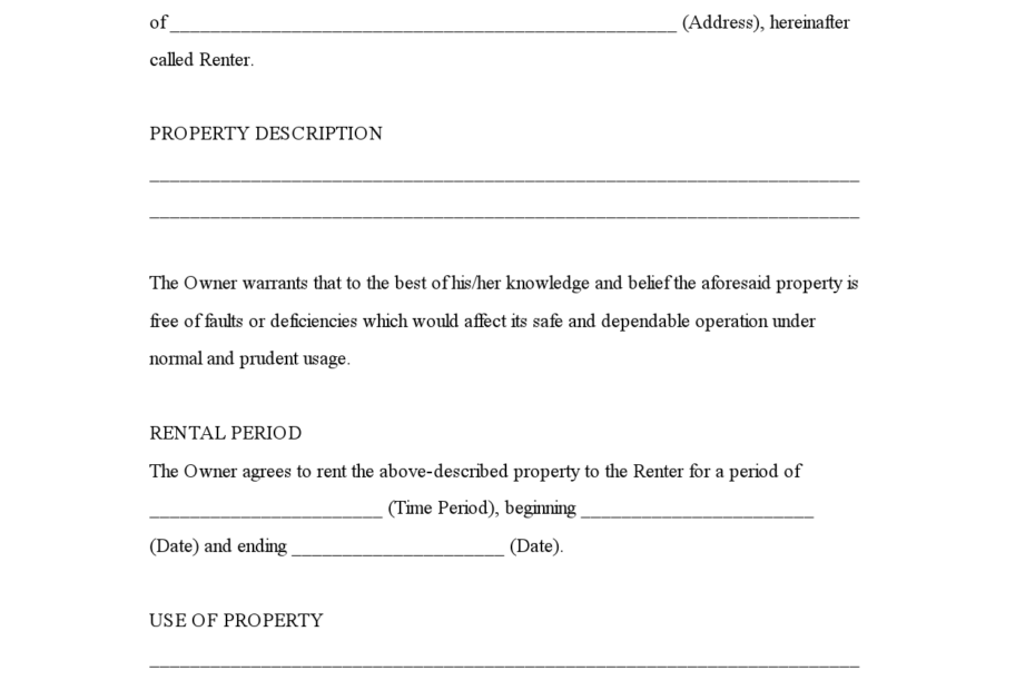 GENERIC TEMPLATE Rental Agreement Forms Free Printable