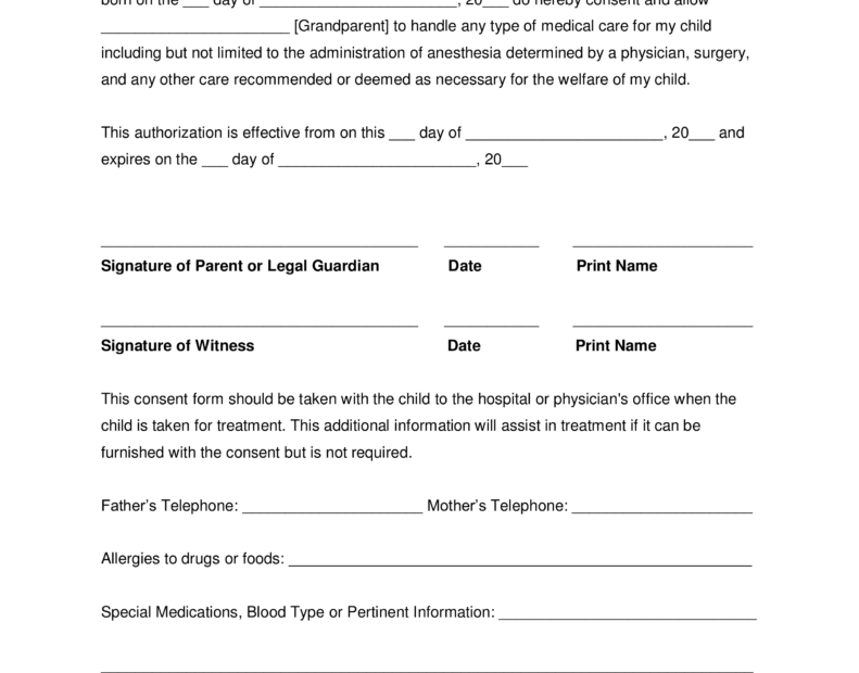 Grandparents Medical Consent Form Minor Child EForms