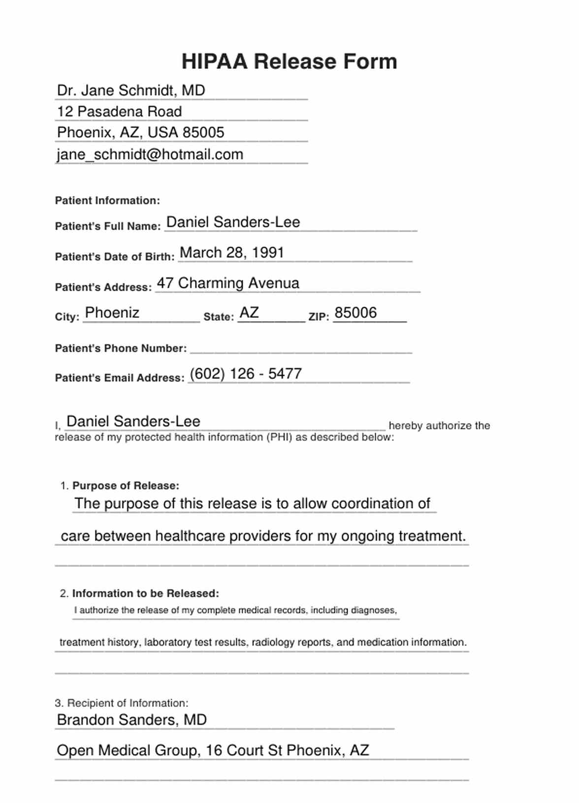 HIPAA Release Form Example Free PDF Download