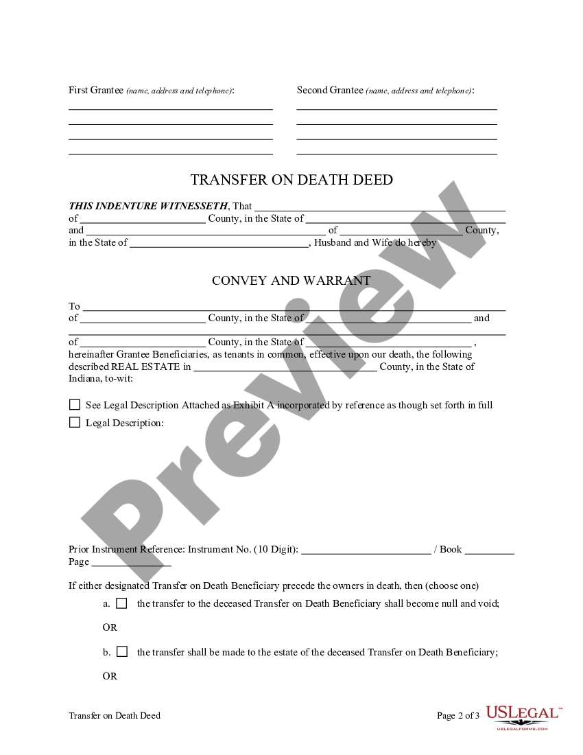 Indianapolis Indiana Transfer On Death Deed Husband And Wife To Two 