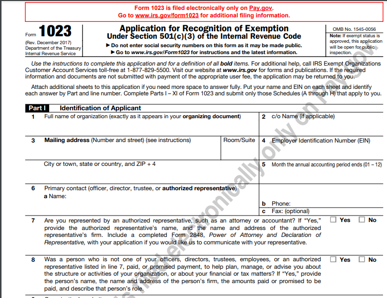 IRS Form 1023 Application For Recognition Of Exemption Under Section 