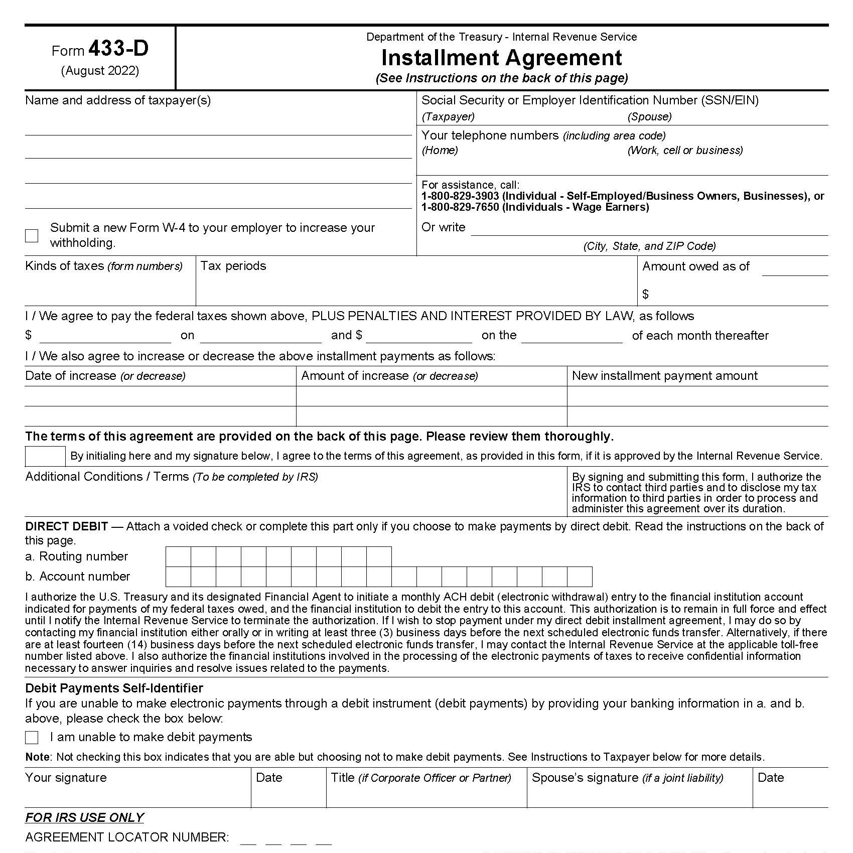 Irs Form 433 D Printable