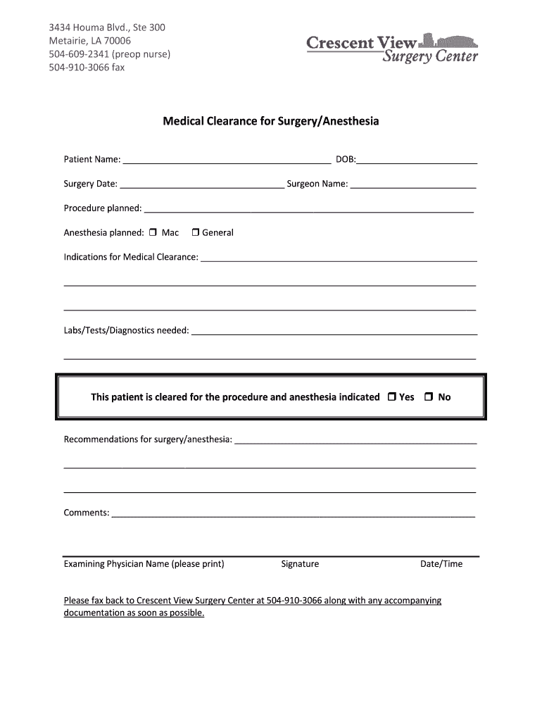Medical Clearance For Surgery Fill Online Printable Fillable Blank