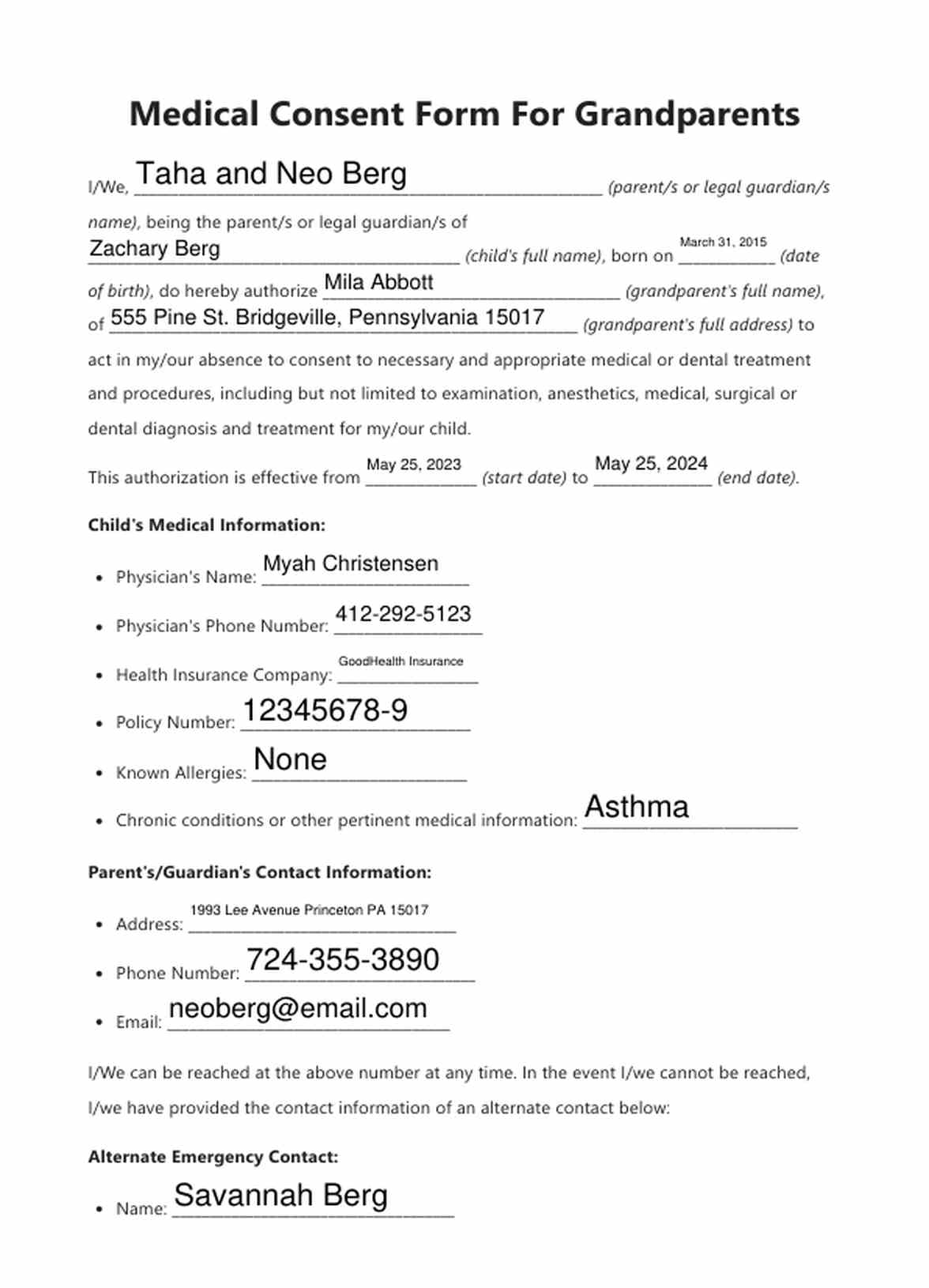 Medical Consent Form For Grandparents Example Free PDF Download