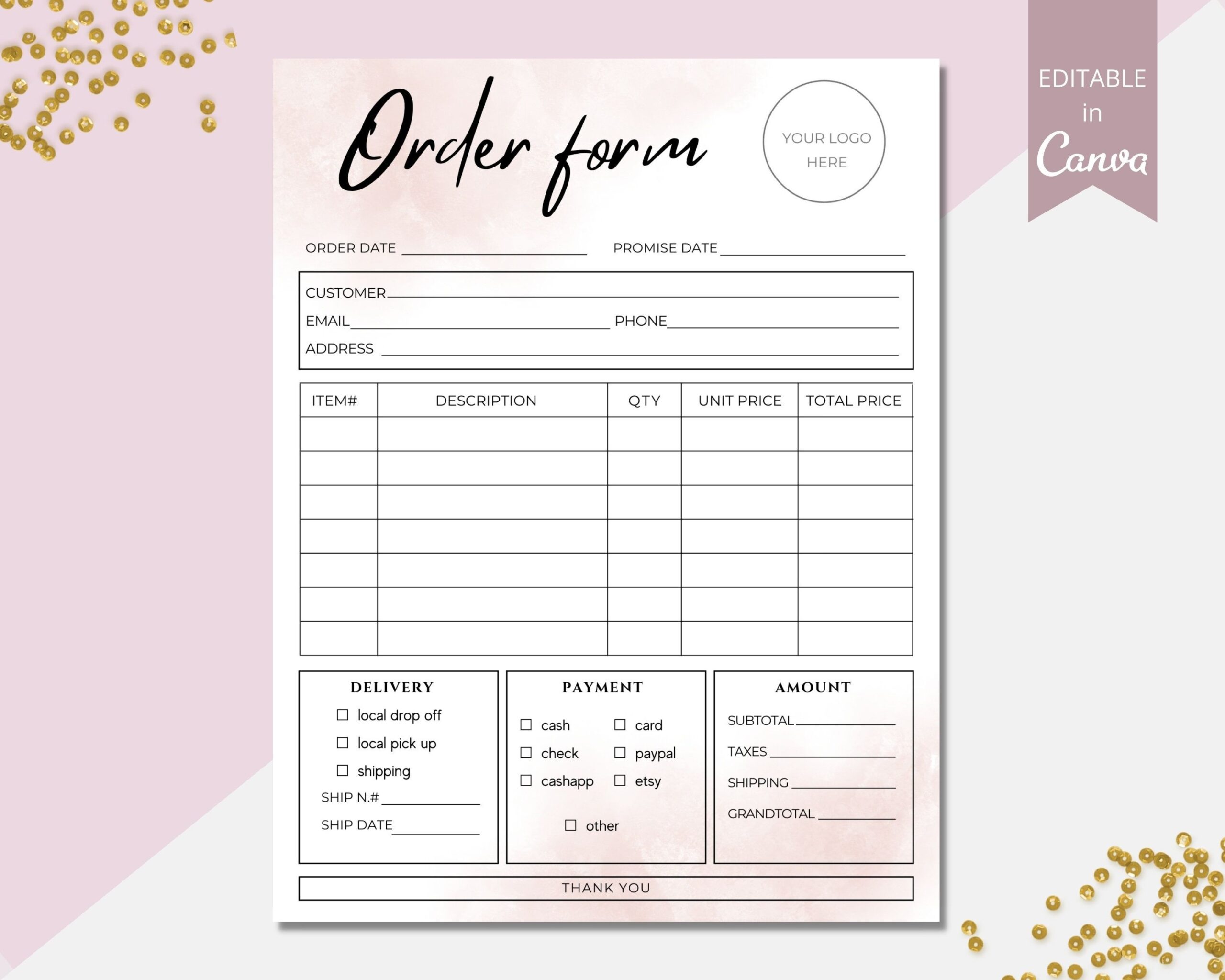 Order Form Template Editable Small Business Order Forms Customer 