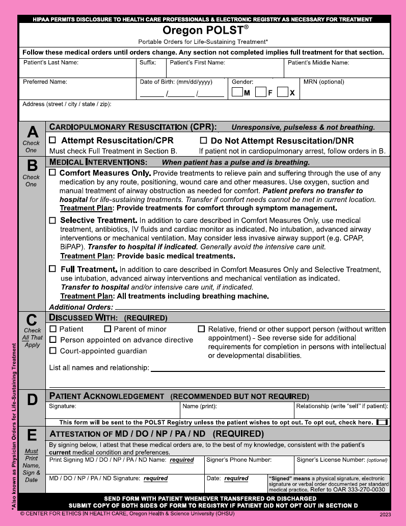 Oregon Polst Form Pdf 2023 Printable Forms Free Online