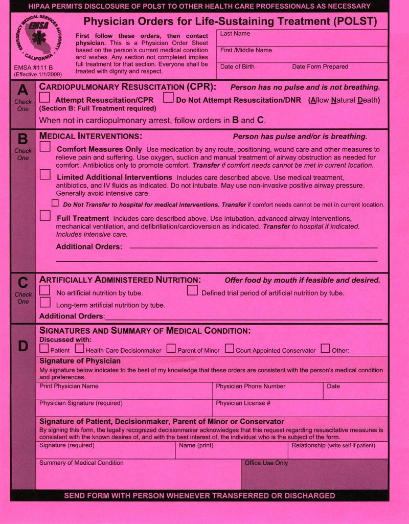 Patient Alerts Inc POLST Registry Physician Orders For Life 