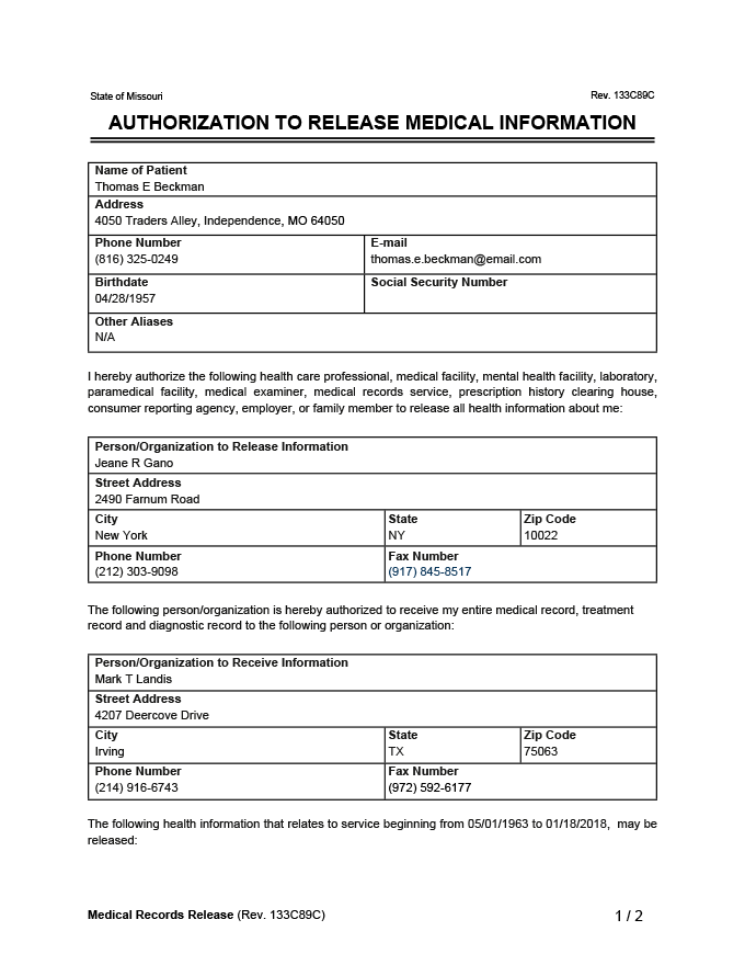 Pdf Printable Blank Medical Records Release Form