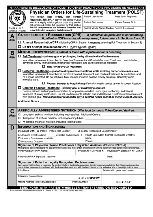 Physician Orders For Life Sustaining Treatment Polst California 