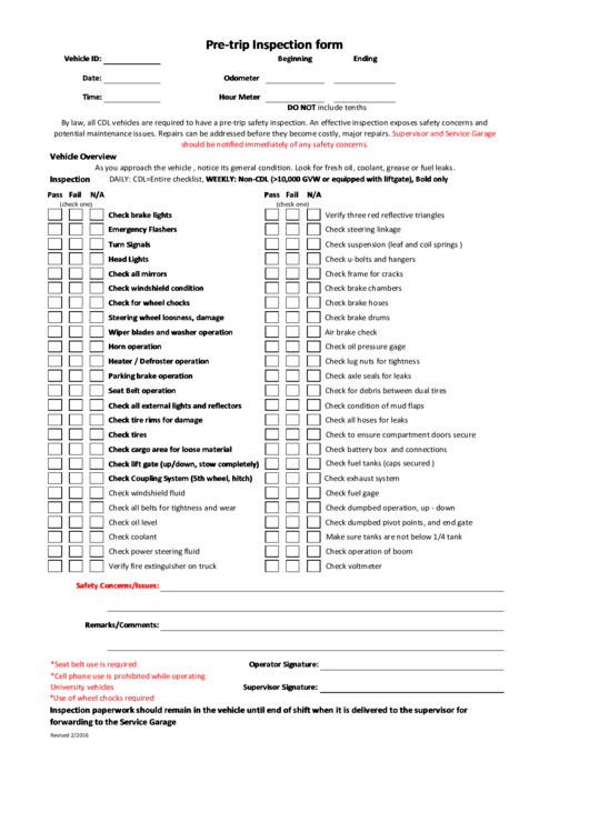 Pre Trip Inspection Form Printable Pdf Download