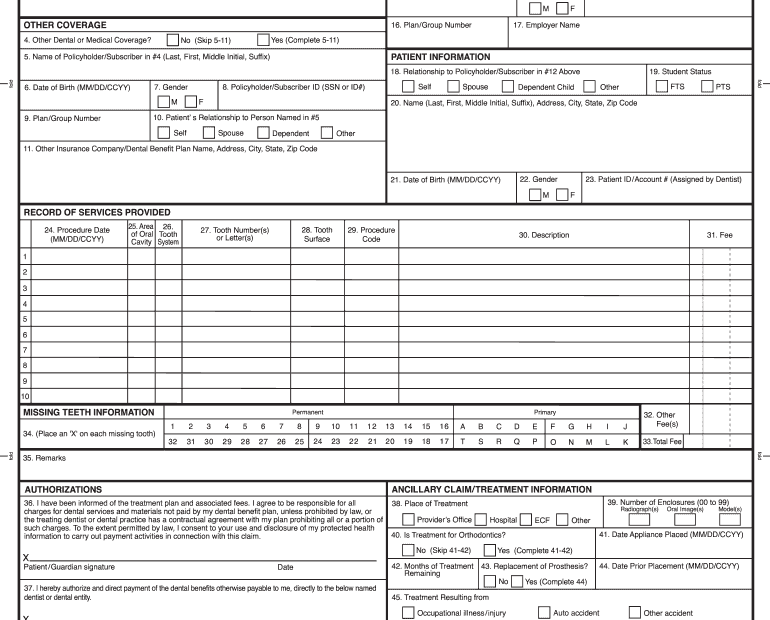 Printable Ada Dental Claim Form