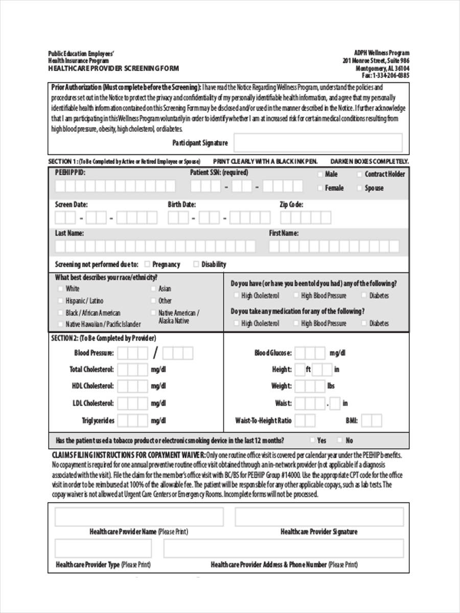 Printable Biometric Screening Form